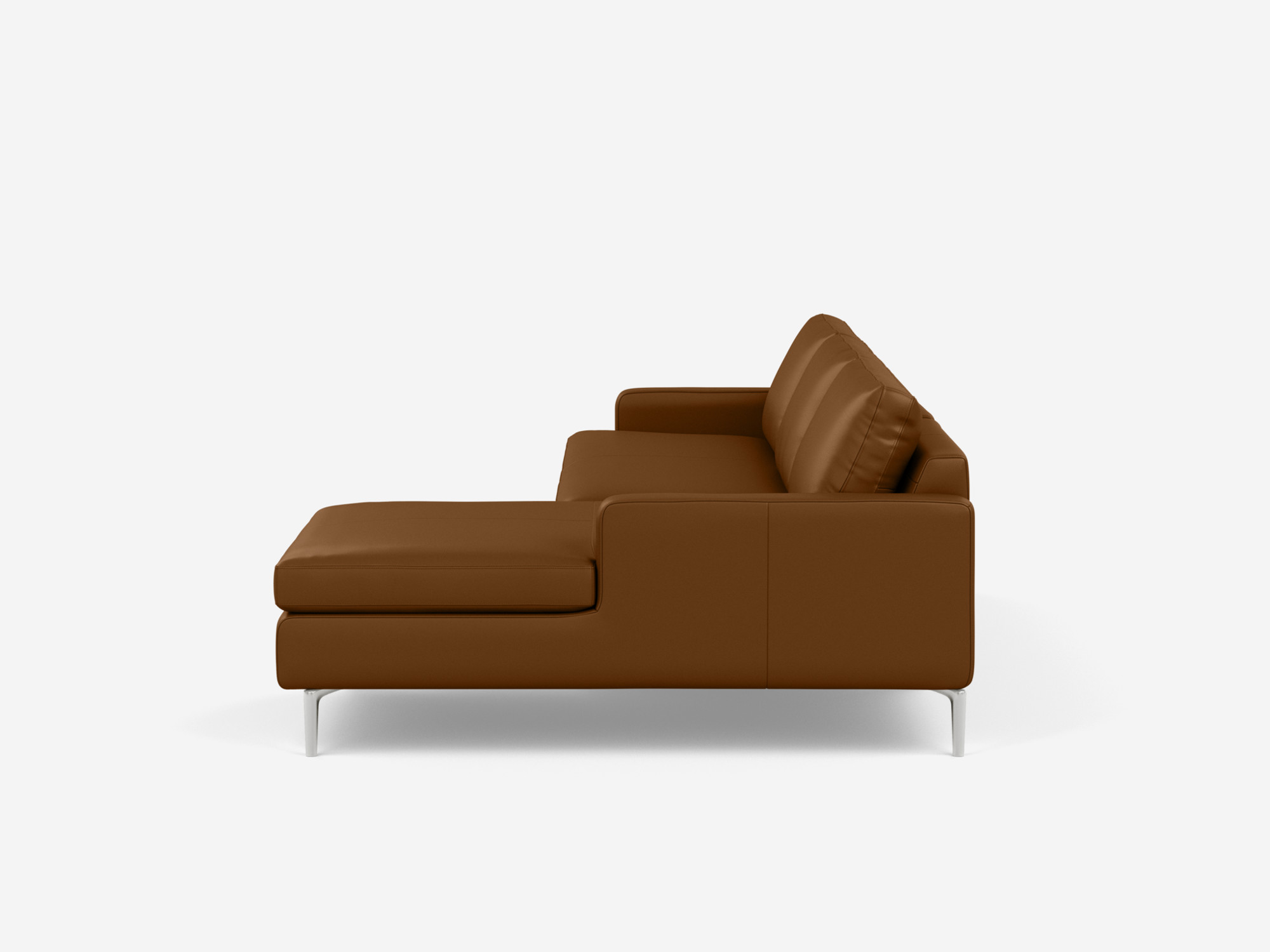 side view of the Eve Grand modular sofa in brown leather with right hand chaise